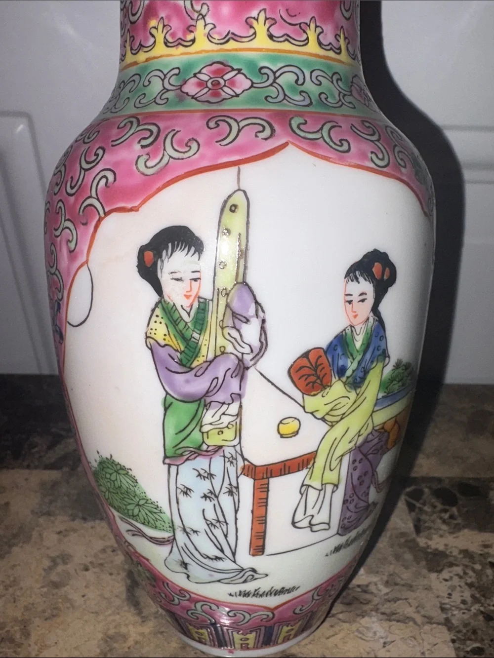 Vintage Porcelain Decorative Vase in Pink and Green